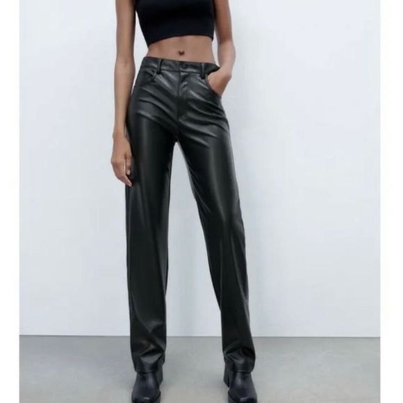 Zara Pants - Zara Black Full Length Straight Leg 90s Faux Leather Pants Size 12 Blogger Favor